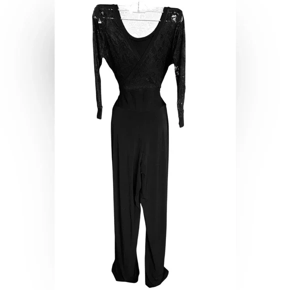 Sexy Black Pant Jumpsuit with Lace Sleeves Party Cocktail Bodycon Size Medium - Picture 5 of 6
